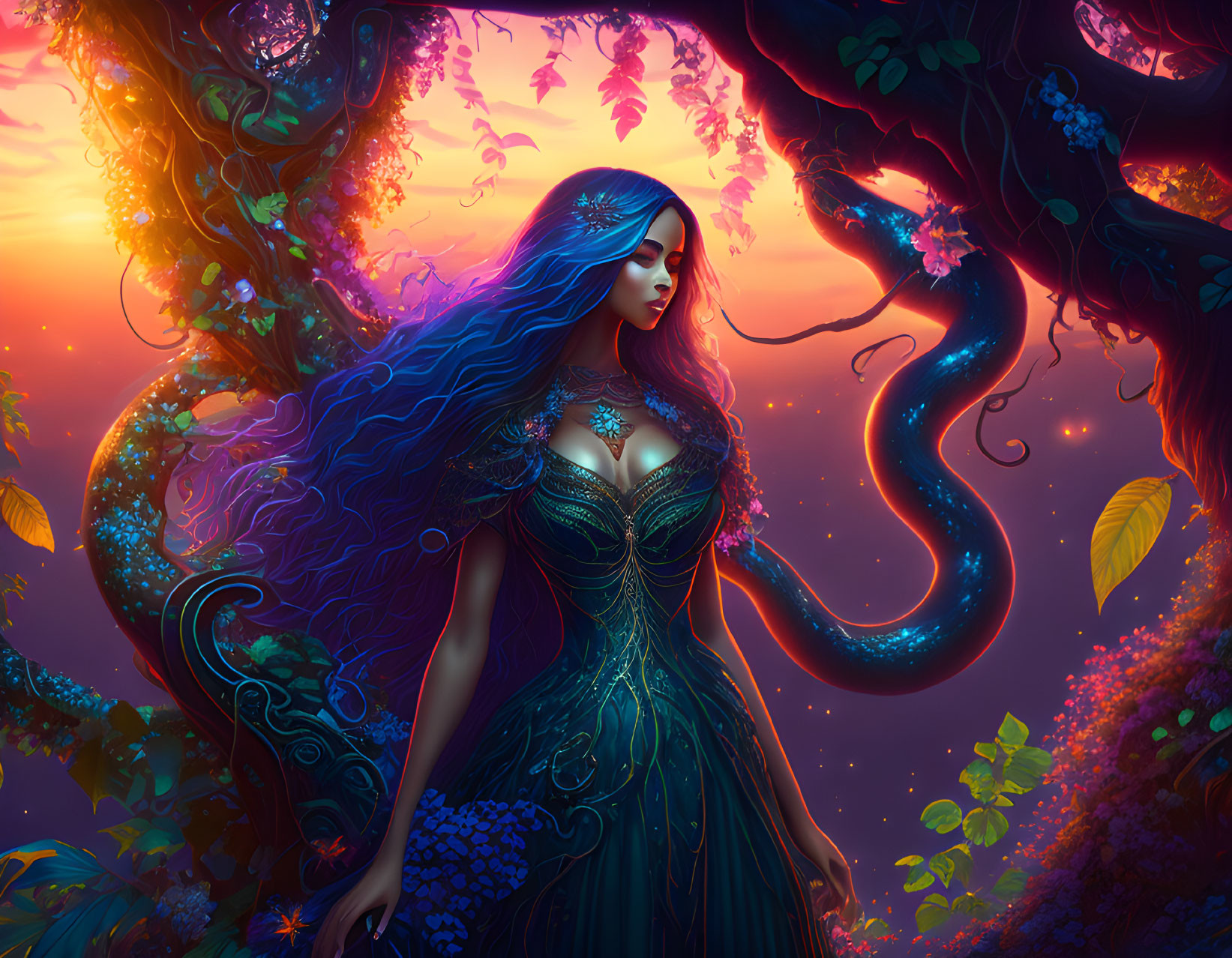 Ethereal woman with blue hair in mystical forest at twilight