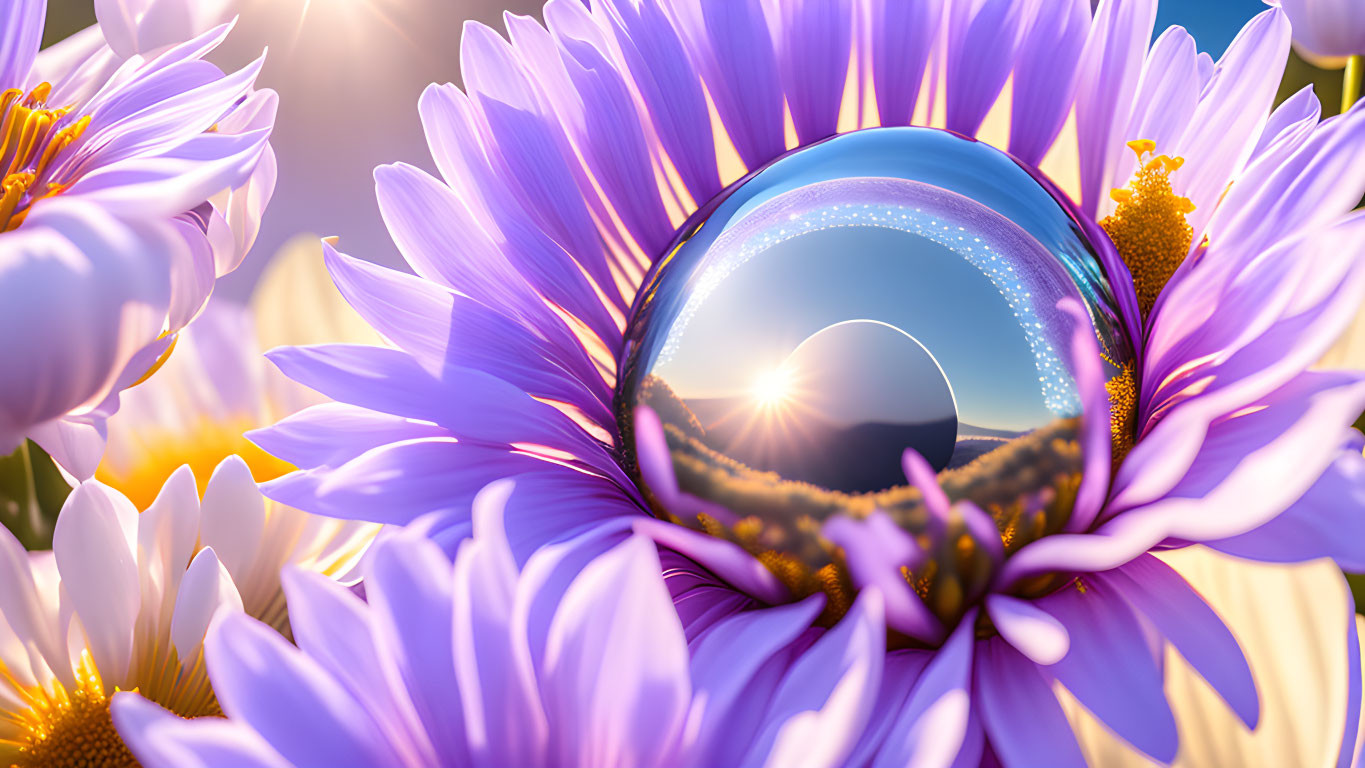 Crystal Ball Reflects Sunrise Over Mountain with Purple Flowers