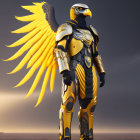 Armored eagle-headed figure with golden wings in heroic stance against sunset.