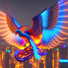 Digital artwork: Phoenix flying over neon-lit futuristic cityscape