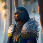 Digital artwork: Person in feathered attire and headdress, gazing in misty forest