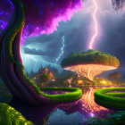 Spiral tree, purple foliage, lightning, and quaint buildings in landscape