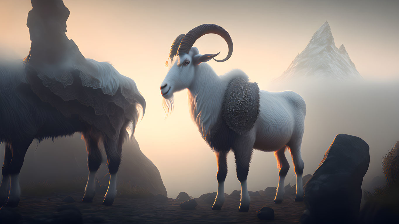 Majestic mountain goat with prominent horns in misty mountain landscape