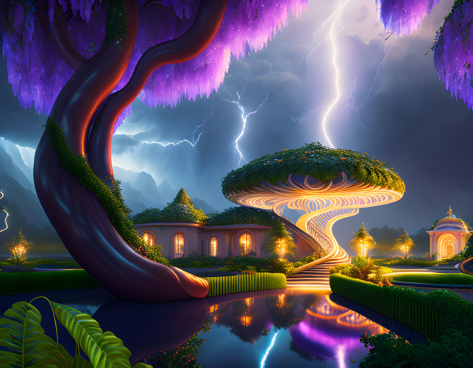 Spiral tree, purple foliage, lightning, and quaint buildings in landscape