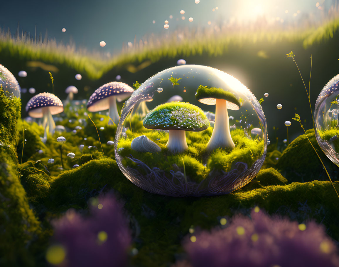 Enchanted forest floor with mushrooms in bubble under sunlight