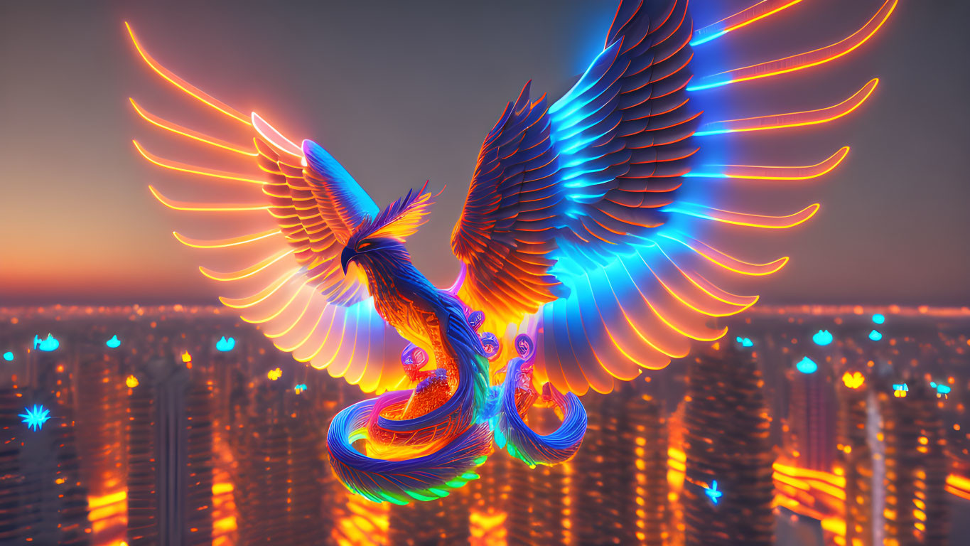 Digital artwork: Phoenix flying over neon-lit futuristic cityscape