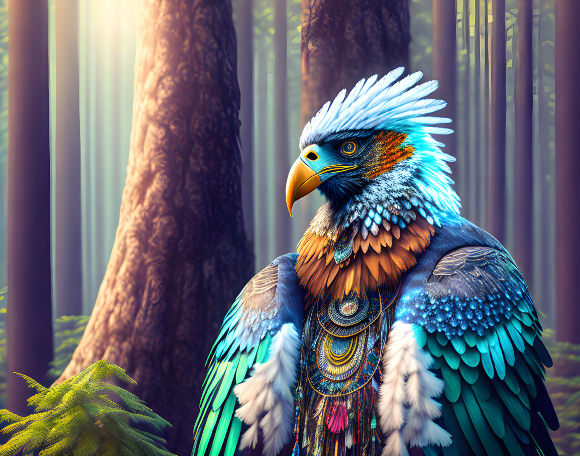 Colorful Eagle in Mystical Forest with Sunbeams