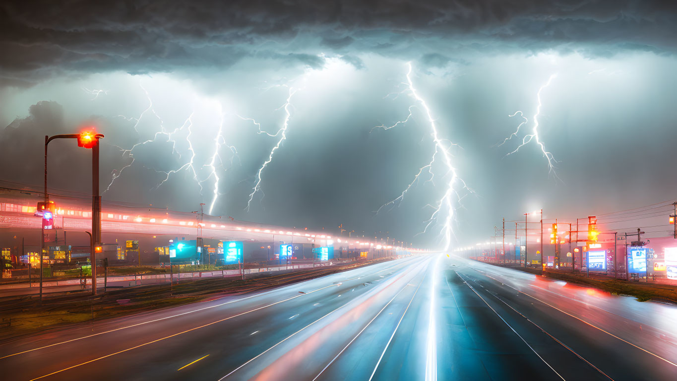 Urban street at night with lightning strikes and glowing signs