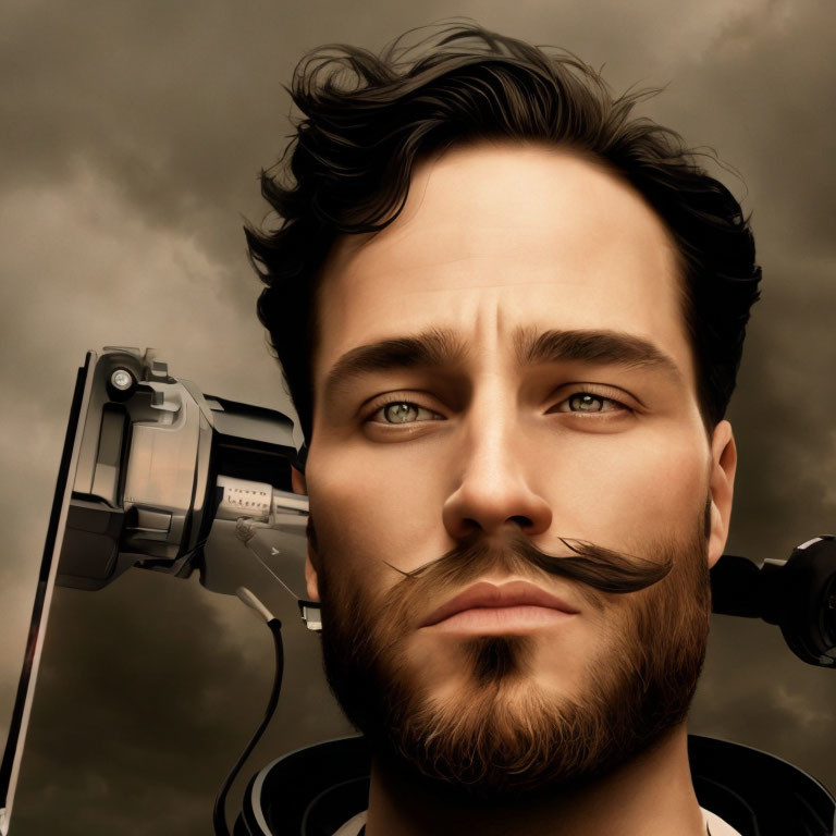 Male portrait with stylized mustache and robotic hand on cloudy background