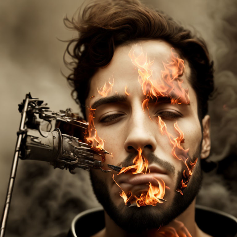 Digital artwork: man's face with flames and revolver barrel morphed into jawline