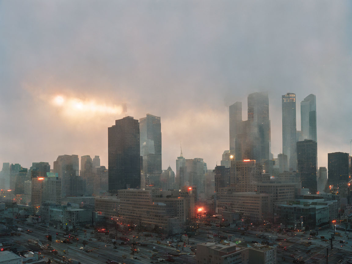 Misty city skyline at dawn or dusk with glowing skyscraper lights