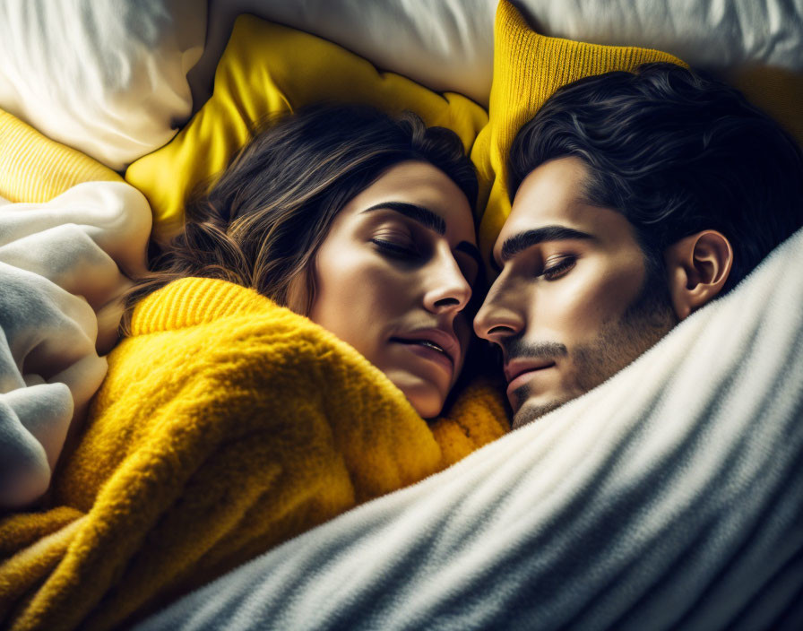 Couple lying under cozy blanket with faces touching peacefully