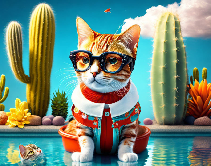 Orange Tabby Cat in Glasses and Red Vest in Desert Scene