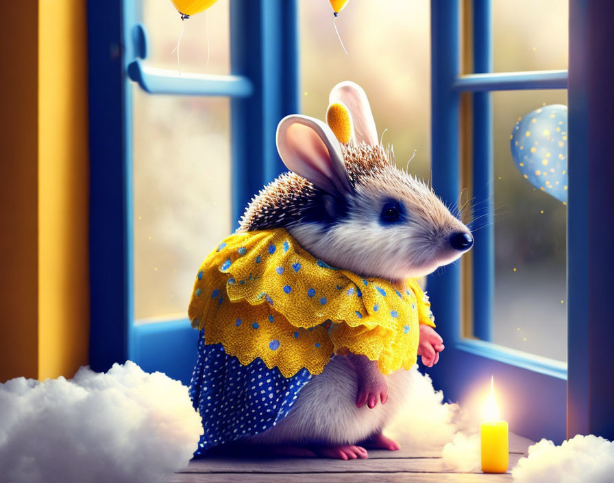 Adorable hedgehog in yellow polka dot dress with balloons and candle