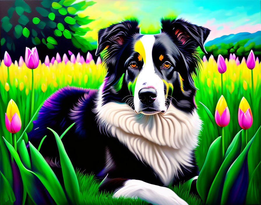 Colorful Border Collie in Vibrant Tulip Field Illustration