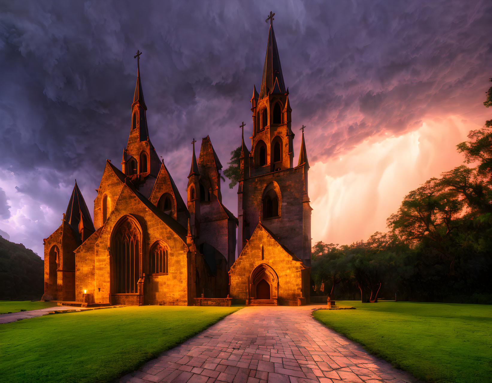 Gothic-style church with twin spires in warm light under stormy twilight sky