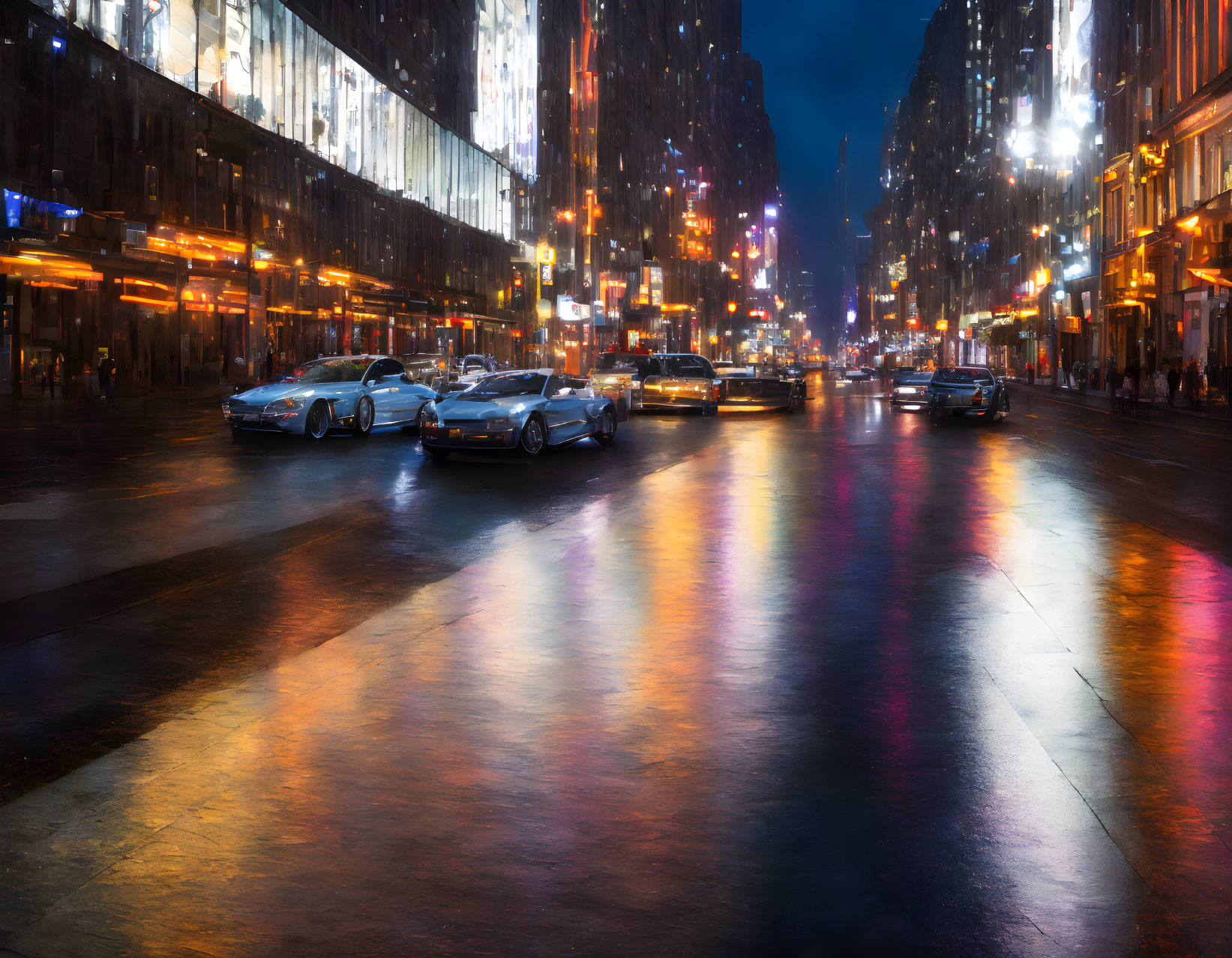 City street at night: cars, reflections, wet pavement, streetlights, illuminated buildings.