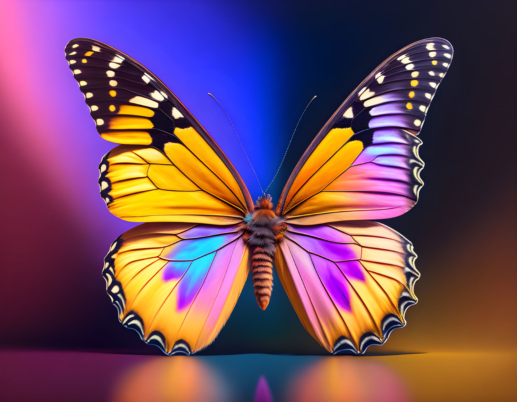 Vibrant yellow and purple butterfly on reflective surface with blue and purple background