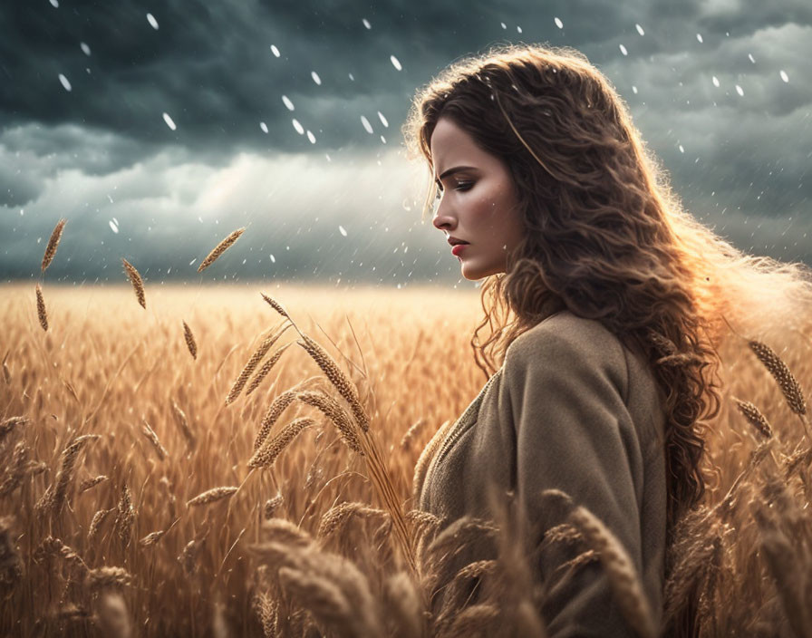 Woman in wheat field under storm clouds with rain.