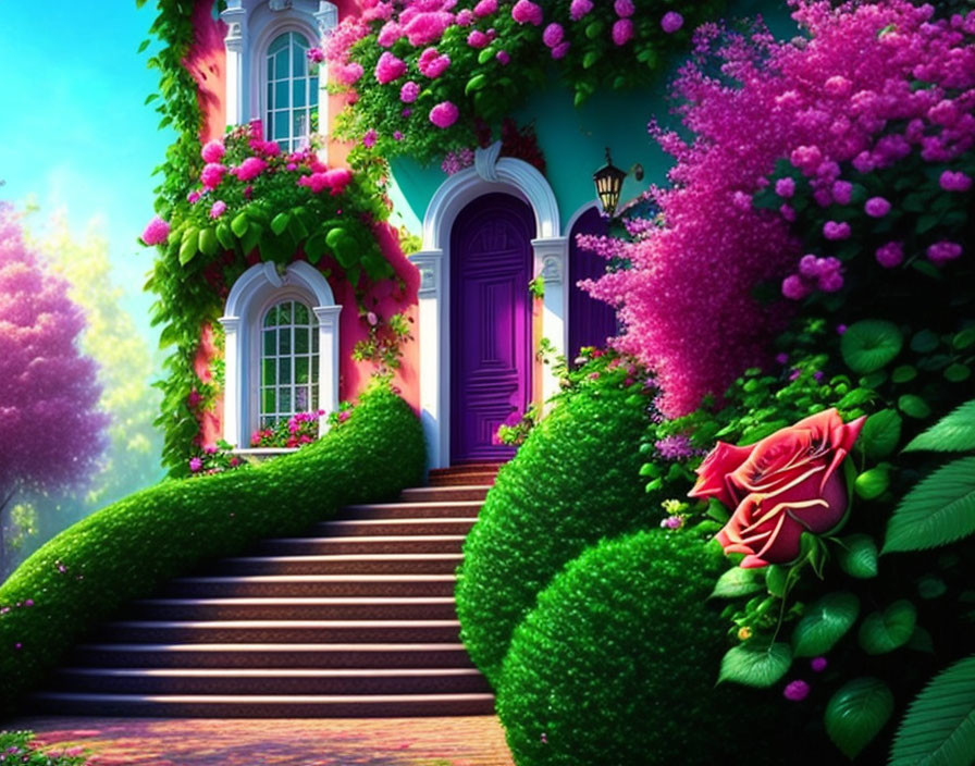 Colorful illustration of quaint house with pink walls, surrounded by greenery and pink flowers.