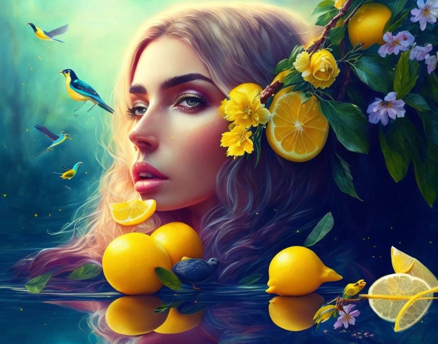 Surreal portrait of woman with lemons, flowers, and birds in dreamlike blue setting