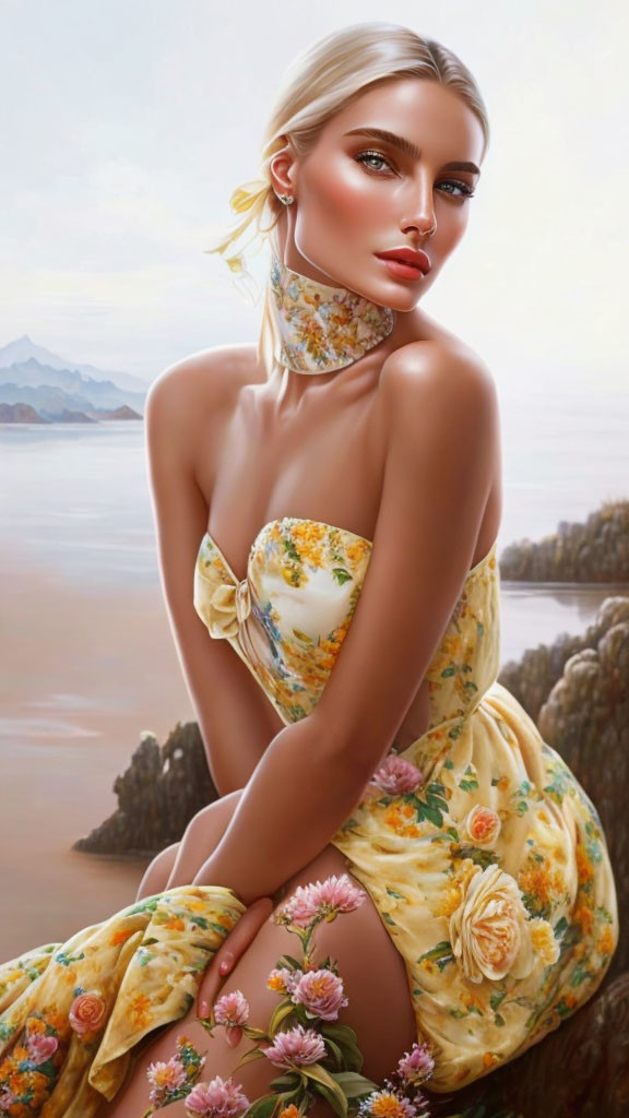 Blonde Woman in Floral Dress by Coastal Landscape