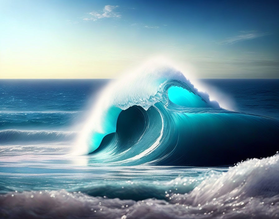 Large Curling Ocean Wave Glistening Under Clear Blue Sky