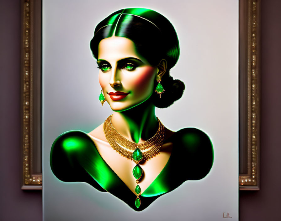 Stylized portrait of woman with green skin, dark hair, gold jewelry, off-shoulder