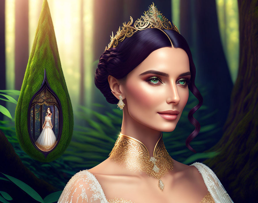 Regal woman portrait with crown and forest backdrop