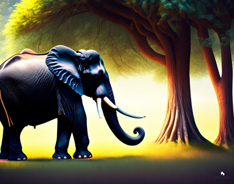 Majestic elephant under vibrant green tree in golden-hued backdrop