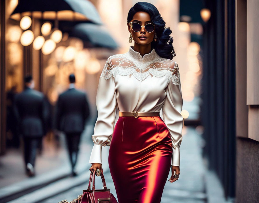 Stylish woman in white blouse and red skirt walking in city with sunglasses and handbag