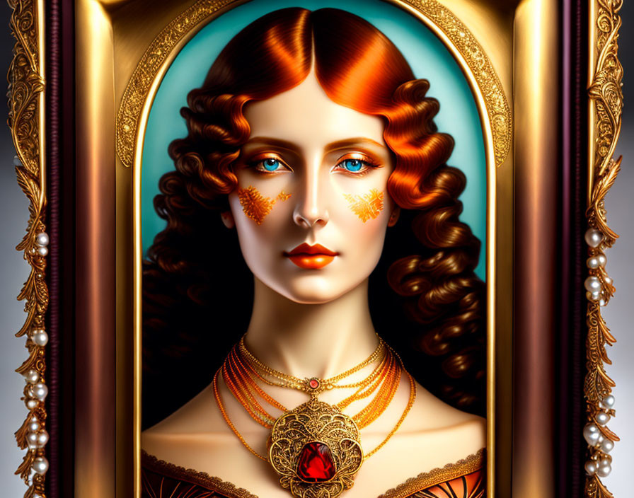 Red-haired woman with gold adornments in ornate frame