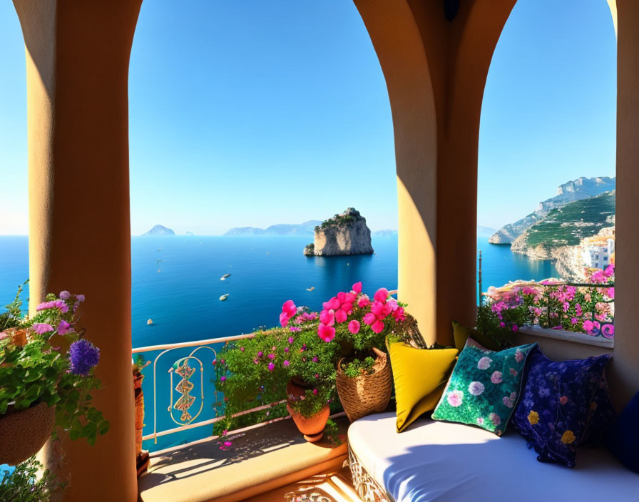 Balcony overlooking vibrant seaside view with arches and ocean