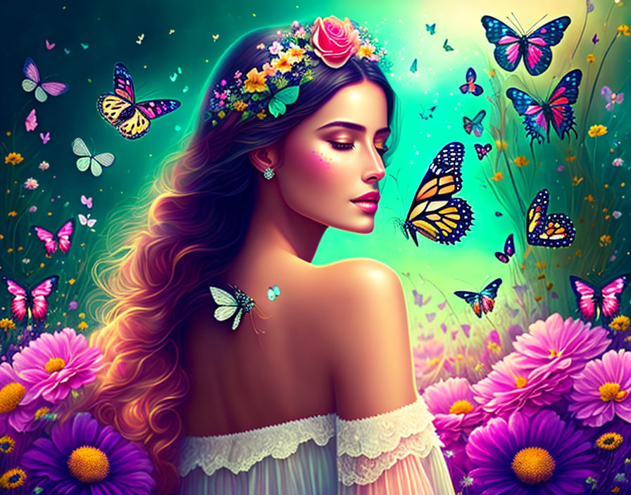 Woman with floral headband surrounded by butterflies and flowers under green glow.