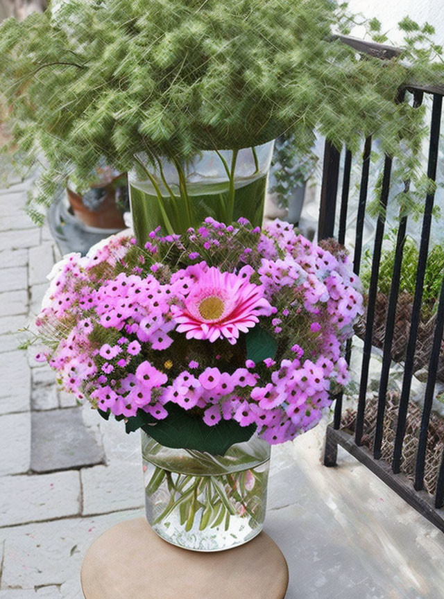 Purple and Pink Flower Bouquet with Daisy in Clear Vase Outdoors