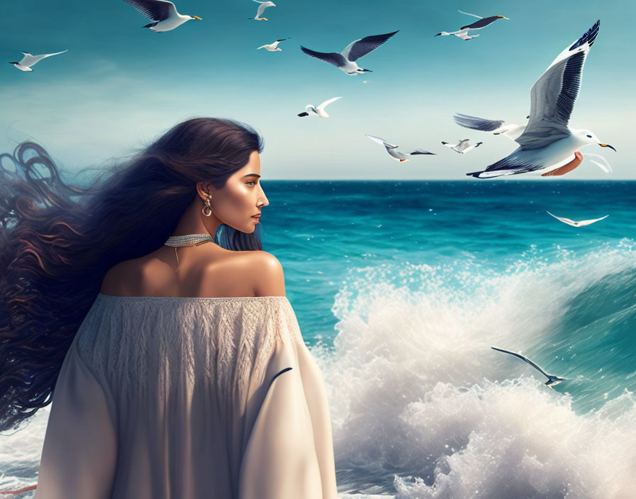 Woman admiring sea with flowing hair, seagulls, blue sky, crashing waves