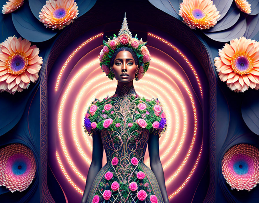 Surreal woman with floral elements and lotus flower backdrop