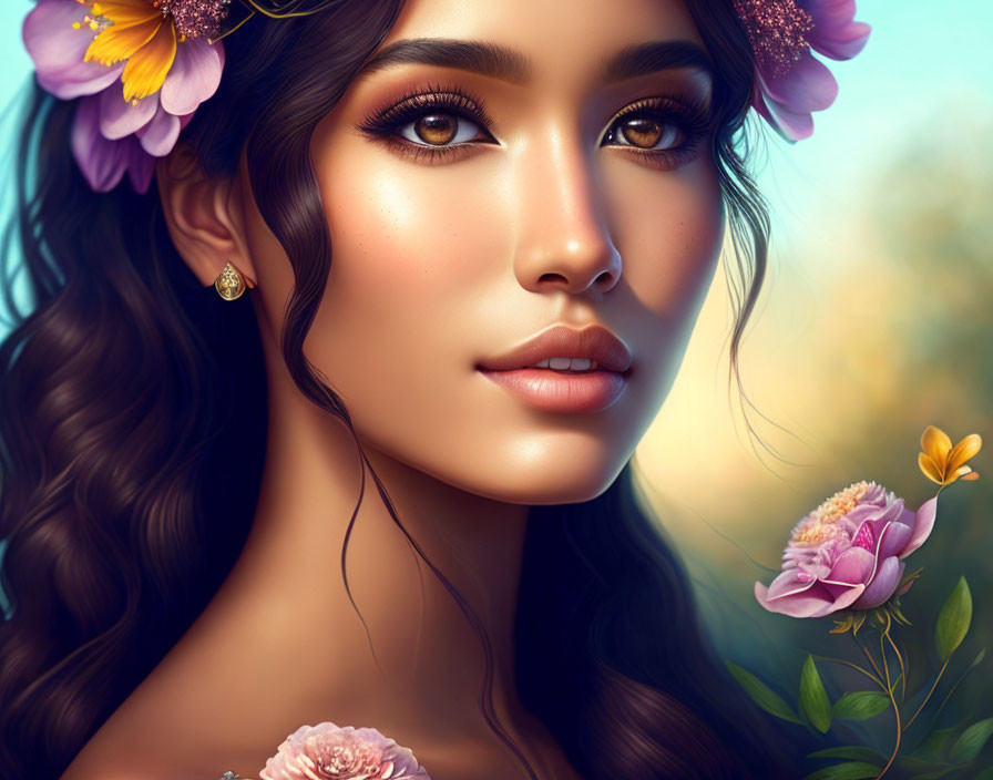 Digital portrait: Woman with flowers, glowing skin, full lips, expressive brown eyes