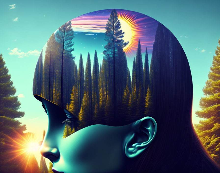 Surreal illustration: Woman's silhouette with forest and sunset merging nature and human thought