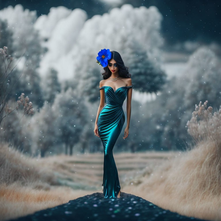 Woman in teal evening gown with blue flower in hair on snowy path.