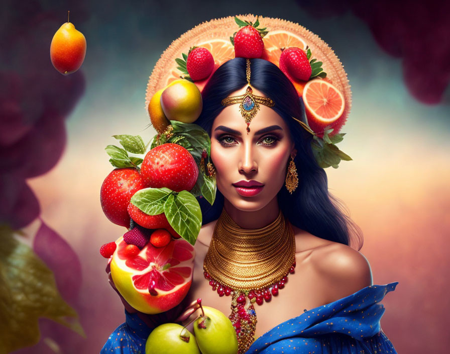 Woman with Fruit Headdress and Ethnic Jewelry in Mystical Setting