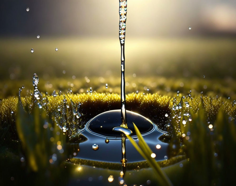 Macro shot of water droplets falling from syringe needle on dewy grass with warm backlight.