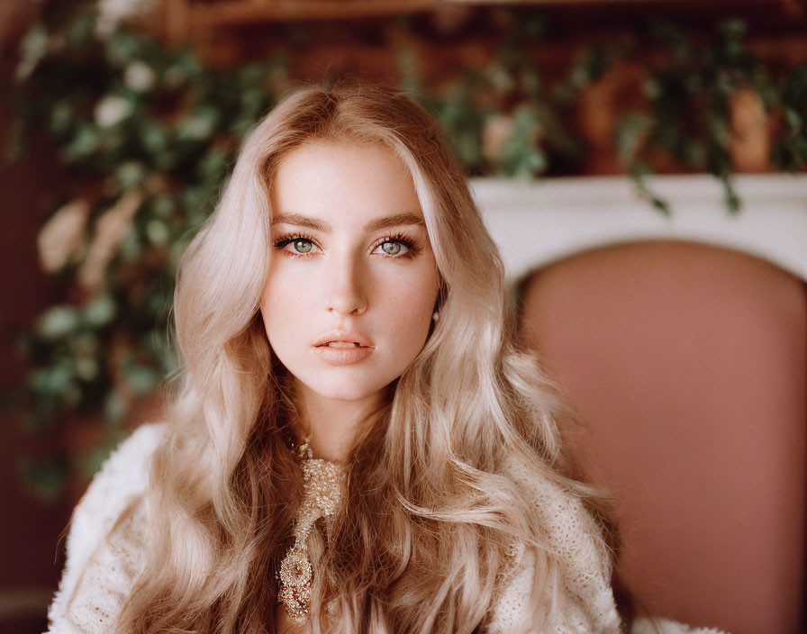 Blonde woman in white blouse against vintage green backdrop