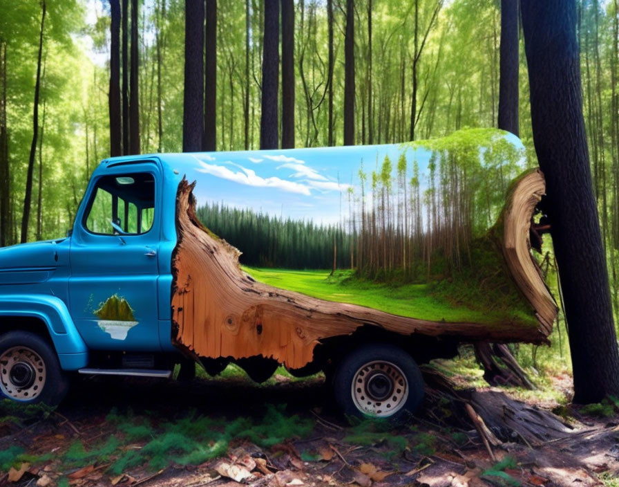 Blue Truck with Log-Cargo Paint Job Transitioning to Forest Landscape