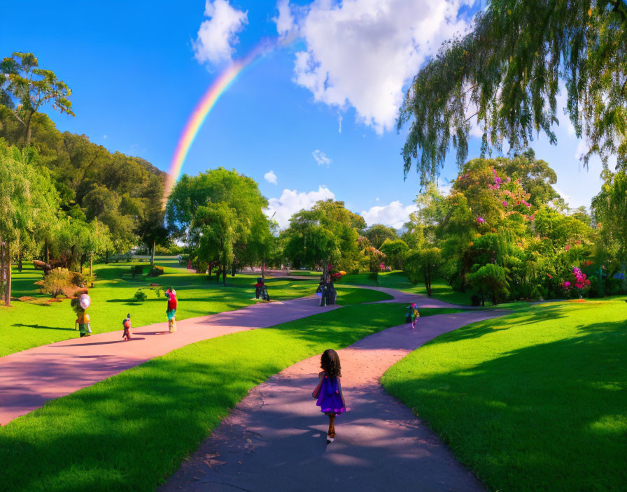 Colorful park scene with people, lush greenery, flowers, and rainbow in clear sky