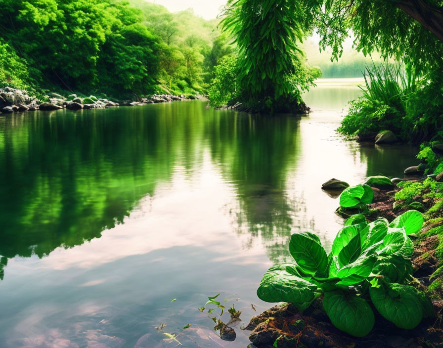 Serene River Scene with Greenery and Rocks