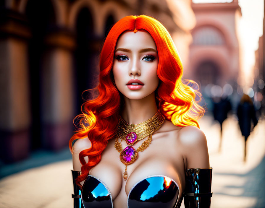 Vibrant Red-Orange Haired Woman in Black Corset and Gold Necklace