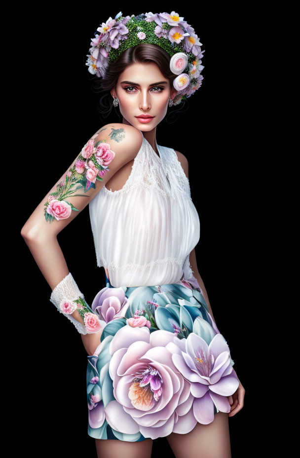 Woman with floral headpiece and tattoo in white top and floral skirt on black background