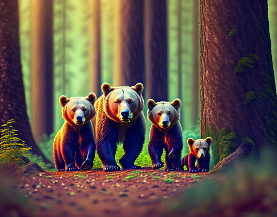 Four bears in forest clearing under warm sunlight