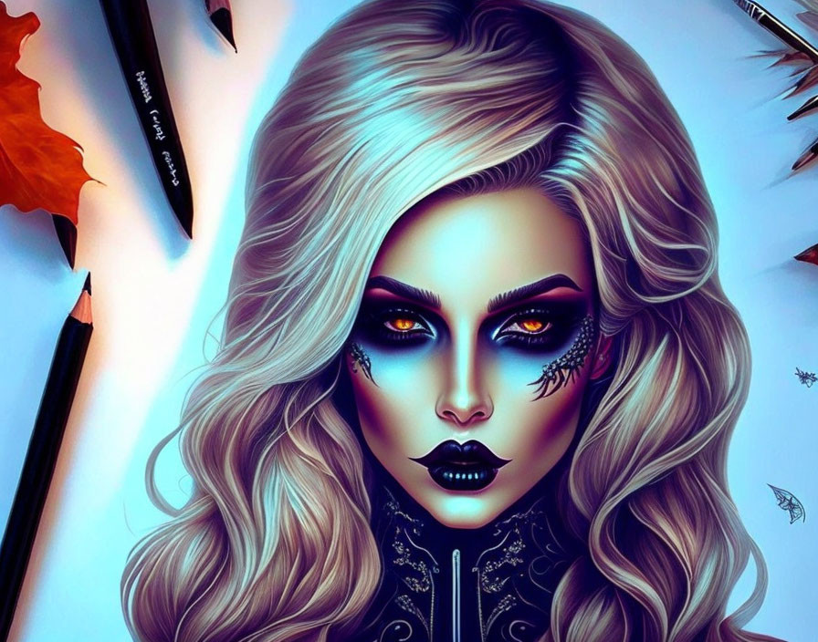 Illustration: Woman with silver hair, intense blue makeup, dark lips, butterflies, and pencils.